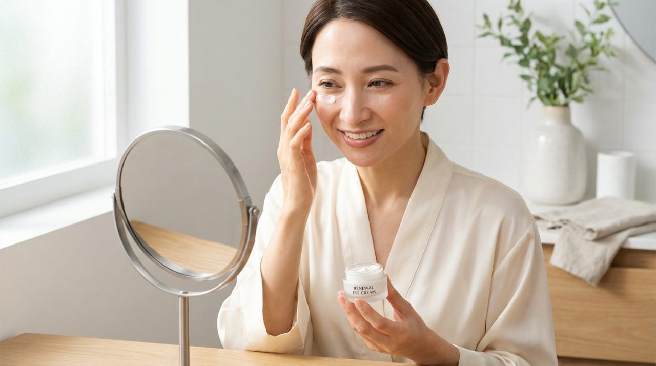 薬指でアイクリームを塗る女性_目の下のシワ対策