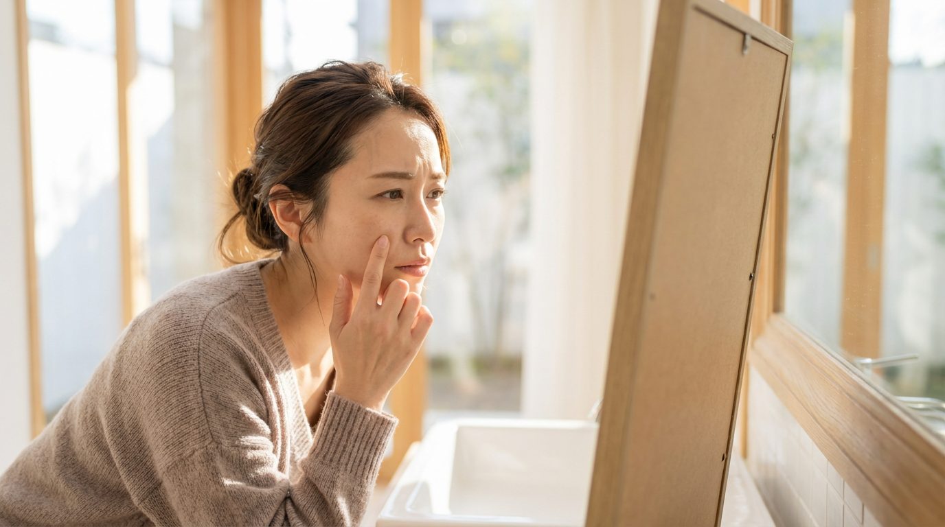 頬の毛穴を気にする女性_たるみ毛穴対策