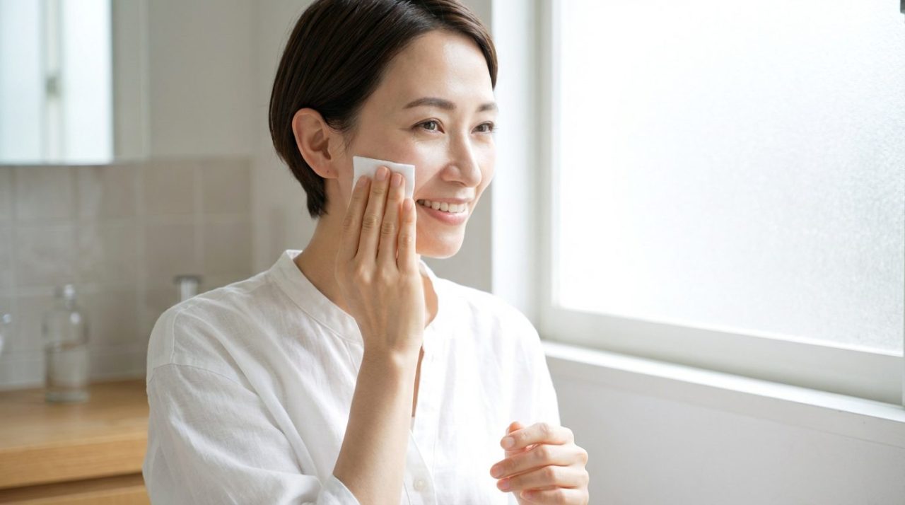 明るい洗面所で、コットンにたっぷり染み込ませた化粧水を優しく肌になじませてニキビ保湿ケアをしている笑顔の30代女性