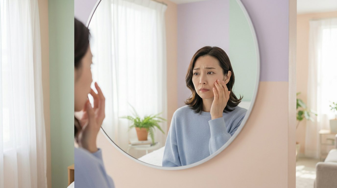 鏡を見て目元や頬のシワを気にして困った顔をしている30代の日本人女性。エイジングケアの悩み。