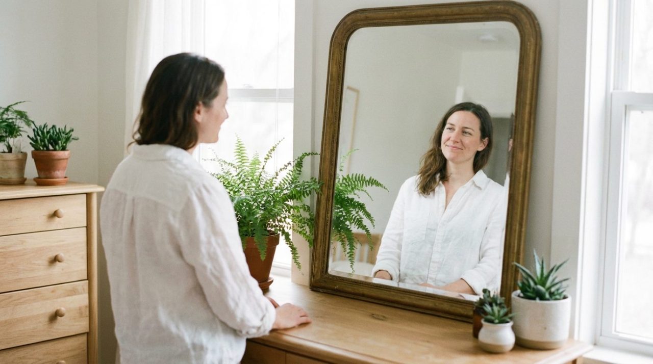 鏡の前で頬に手を当て、肌の乾燥やシワを心配そうに見つめる30代の日本人女性