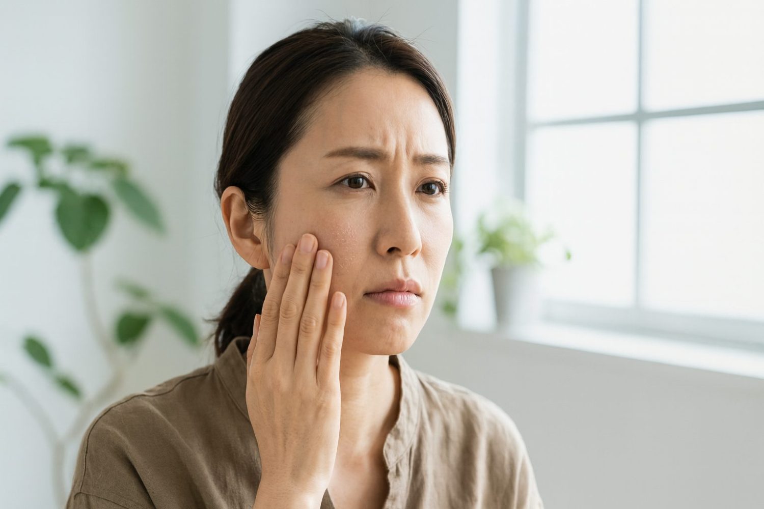 鏡の前で頬に手を当て、肌の乾燥やシワを心配そうに見つめる30代の日本人女性