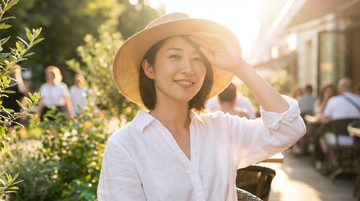 日差しを手で遮る女性_大人のUVケア
