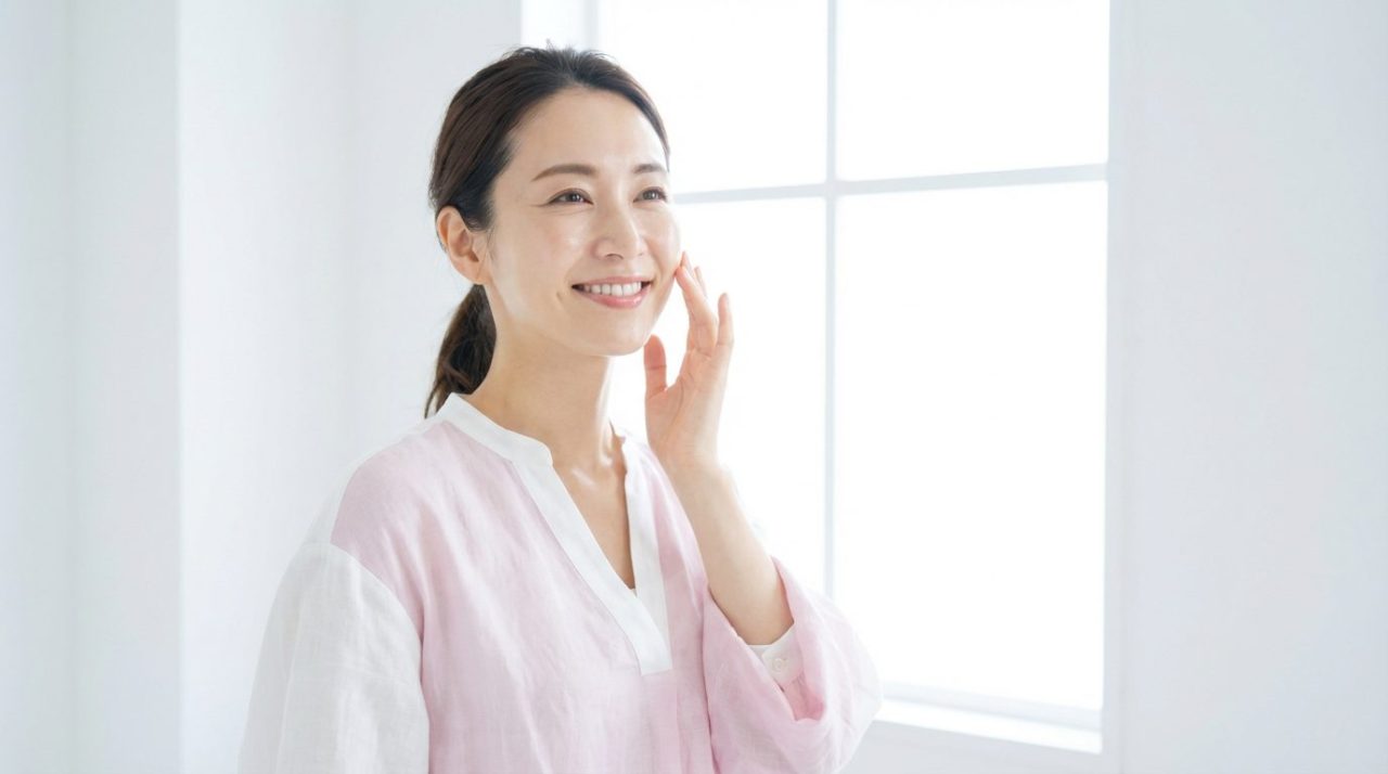 自然光が入る明るい洗面所で、白いシャツを着た女性が笑顔でコットンを使い、化粧水を優しく肌になじませてパッティングしている様子。