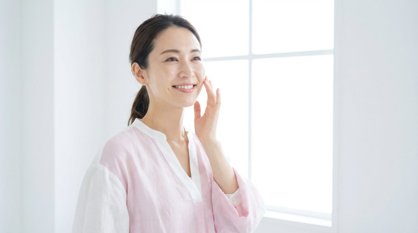 自然光が入る明るい洗面所で、白いシャツを着た女性が笑顔でコットンを使い、化粧水を優しく肌になじませてパッティングしている様子。