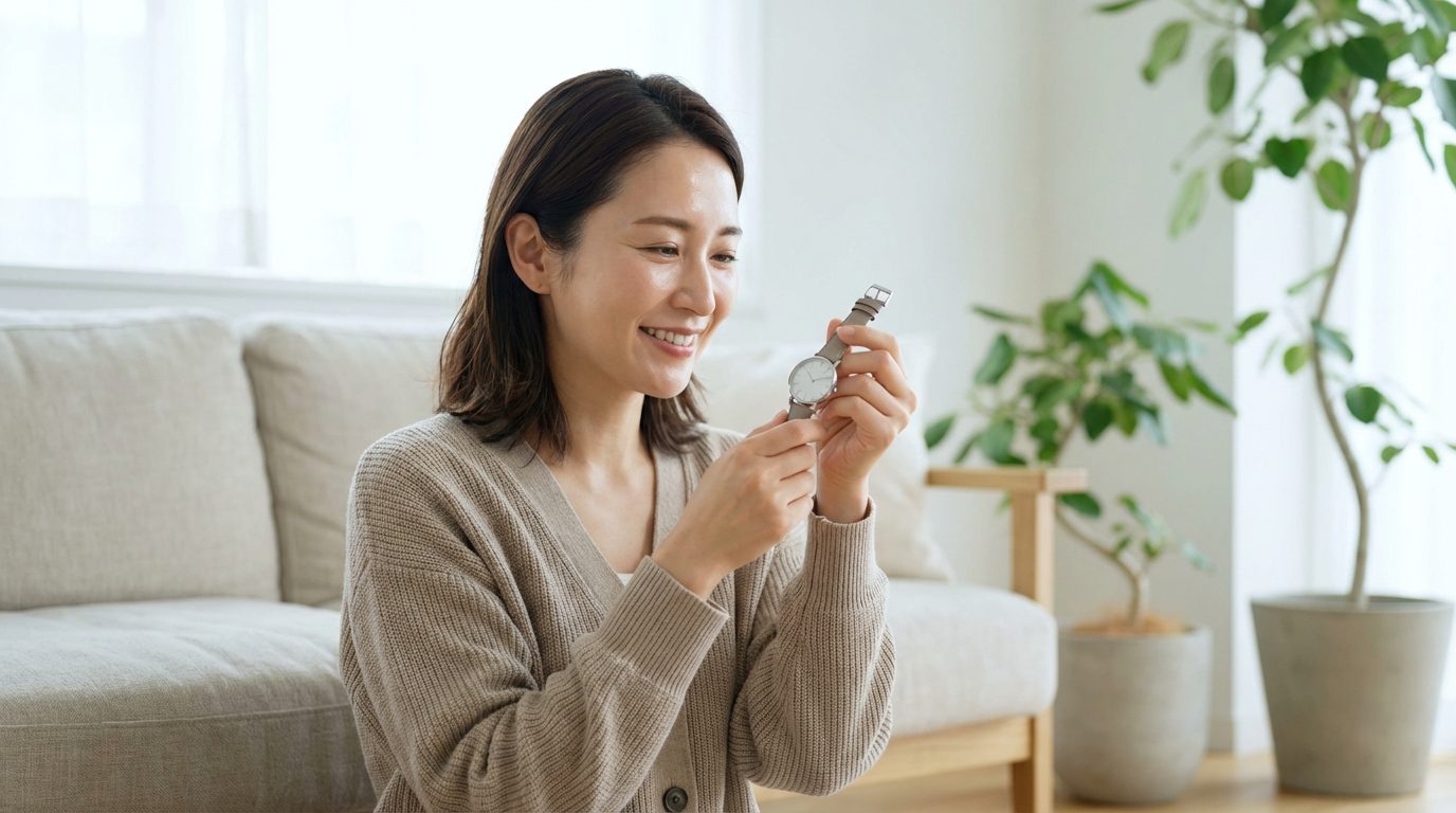 時計を持って微笑む女性_大人の時短スキンケア